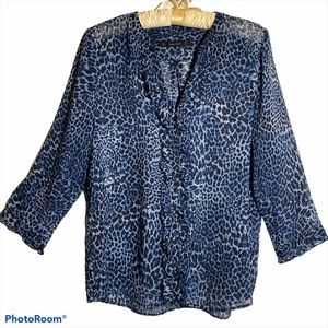Zara Sheer Blue Leopard Print Blouse. Size L